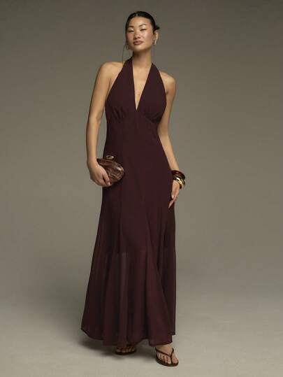 COSMINA Women's Long Dress, V-Neck Sleeveless Women's Dress, Backless Sexy, Chiffon Fabric, Women's Wedding Guest Dress, Wedding Dress, Dress, Elegant Women's Dress, Summer Women's Dress, Date Dress, Party Dress