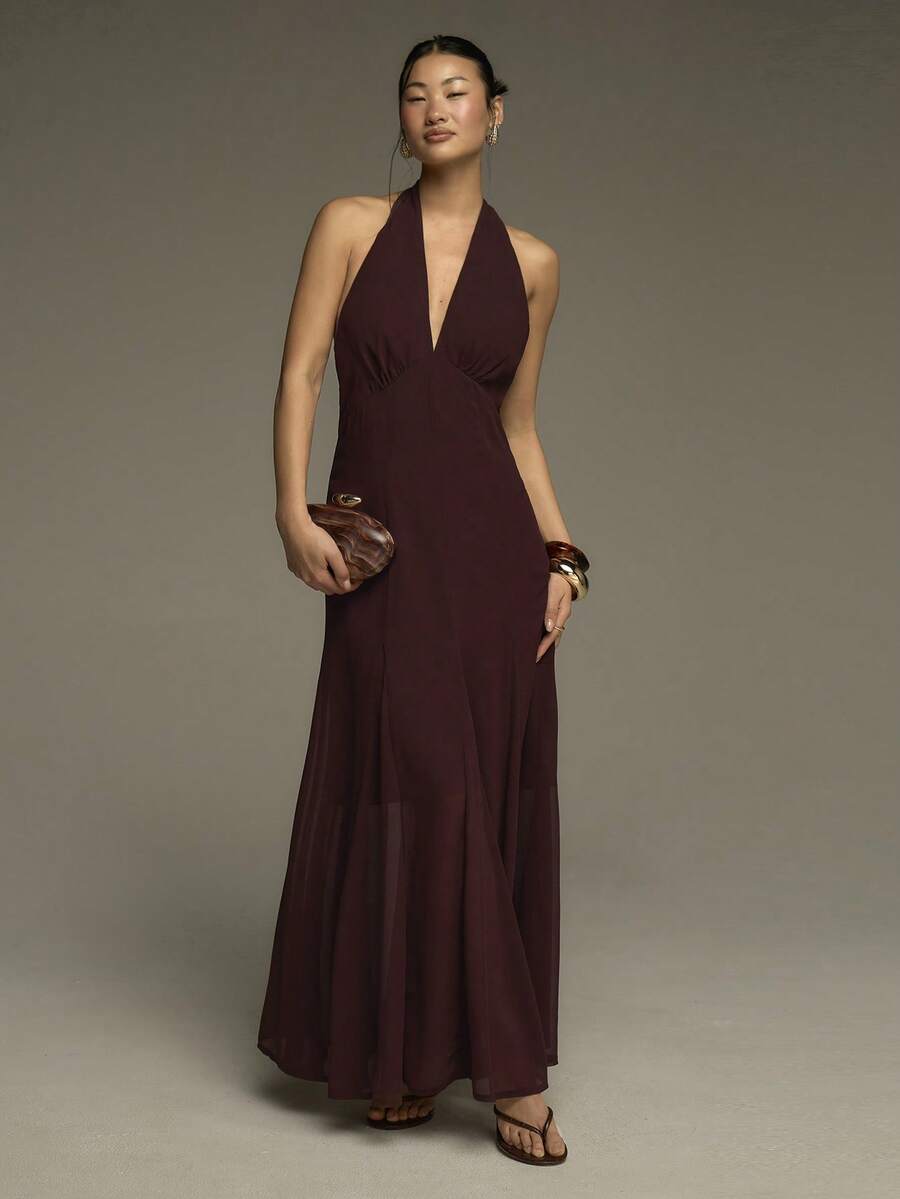 COSMINA Women's Long Dress, V-Neck Sleeveless Women's Dress, Backless Sexy, Chiffon Fabric, Women's Wedding Guest Dress, Wedding Dress, Dress, Elegant Women's Dress, Summer Women's Dress, Date Dress, Party Dress - Brown - View 1