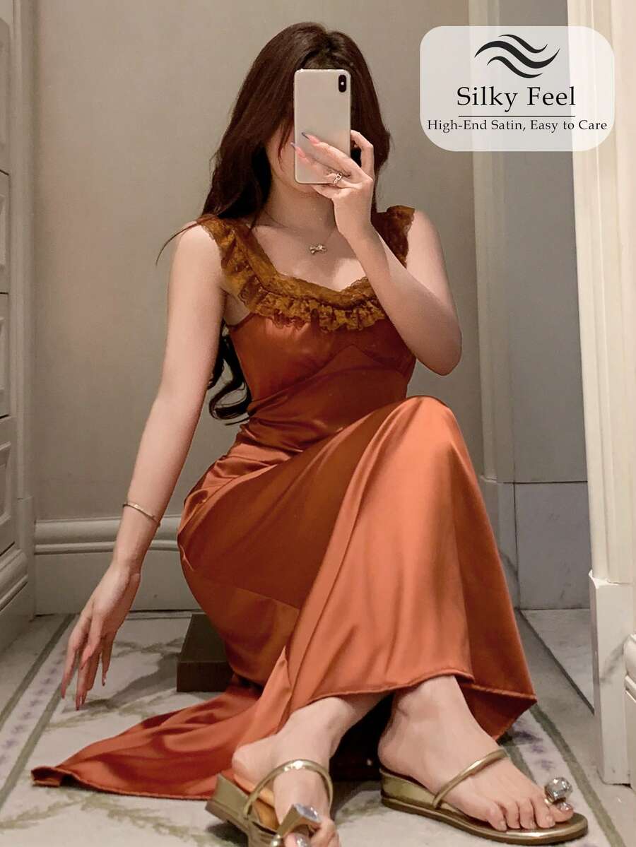 DAZY 女士优雅缎面蕾丝拼接荷叶边长款睡裙，夏季 - 珊瑚橙 - 查看 1