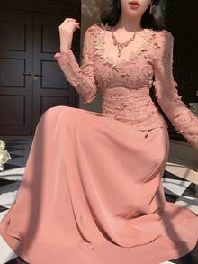 DAZY Spring & Summer Pink Lace Dress, Elegant For Valentine's Day, Wedding, Party, Banquet, Fashion Event. Slim Fit, Sheer Mesh Patchwork, High Waist, Flared Dress For Women Sundress - Watermelon Pink - View 3