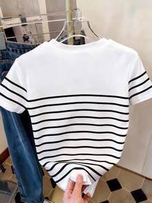 Resyla Camiseta de mujer de manga corta con cuello redondo y rayas, casual de verano - Multicolor - Ver 2