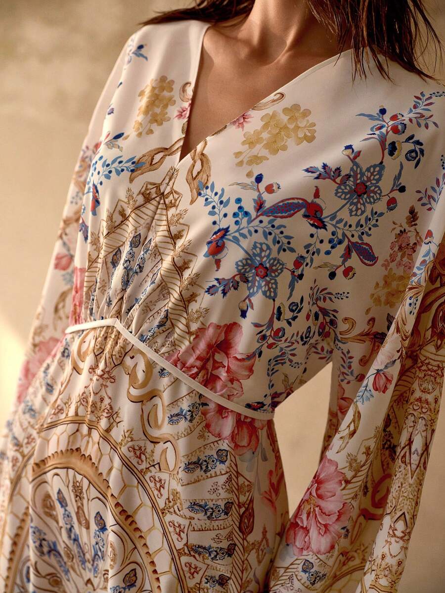 MOTF PREMIUM Đầm maxi/áo khoác ngoài đi biển thanh lịch, cổ chữ V, tay áo loe rộng, chất liệu chiffon hơi xuyên thấu dành cho nữ. - Nhiều màu - Xem 2