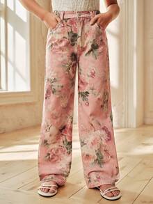 Anewsta Quần jeans ống đứng in hoa thêu thanh lịch dành cho bé gái, kiểu dáng thường ngày và thời trang, thích hợp cho mùa xuân/hè. - Hồng - Xem 6