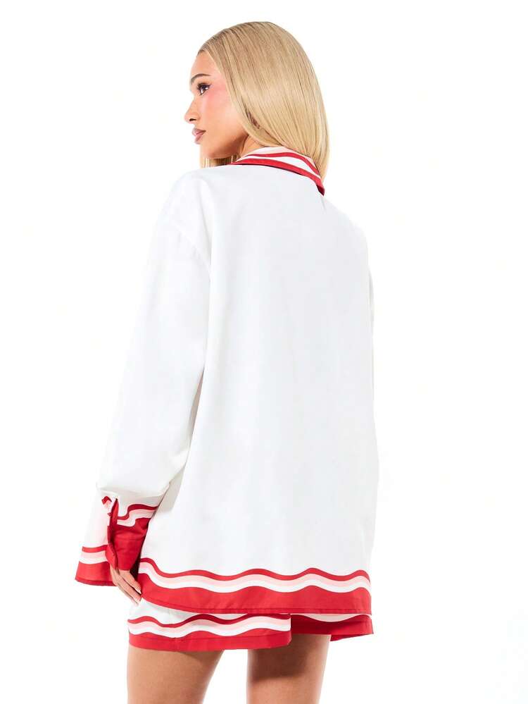 SUMWON WOMEN Red White Striped Button Shirt