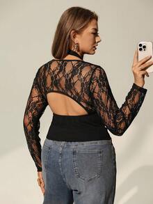 Auralis 大码纯色蕾丝性感长袖T恤 - 黑色 - 查看 2