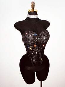 EgrlEra Tall Tirantes de mujer con strass y malla, sexy y brillante, adecuado para fiestas y vacaciones - Negro - Ver 7