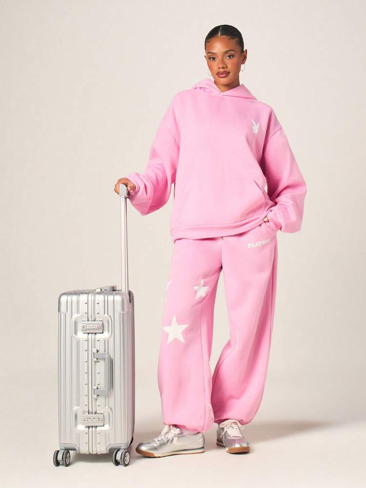 Missguided x Playboy Calça Jogger de Moletom Feminina com Estampa de Estrela Rosa, Barra de Punho, Logotipo de Coelho e Estampa de Estrela Branca, Cintura Elástica com Cordão