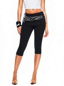 TypaGal Y2K 性感夏季黑色时尚别致大胆现代女装嘉年华派对海滩度假街头休闲女式字母图案弹力腰翻折七分紧身裤运动紧身裤翻折紧身裤黑色紧身裤女式紧身裤黑色七分裤女式七分裤 - 黑色 - 查看 1