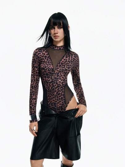 Airlisse Body de manga larga con agujeros para los dedos, con estampado de leopardo y parches de malla traslúcida para mujer