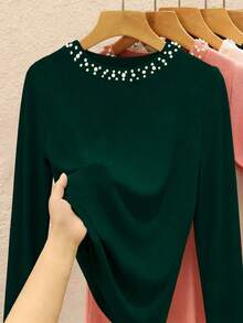 INAWLY Elegant Commuter Pearl Decor Solid Color Long Sleeve T-Shirt, Autumn - Green - View 2