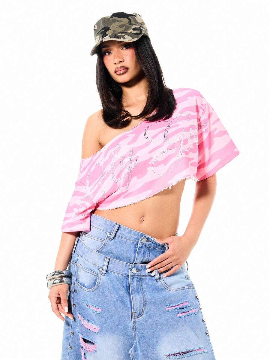 SUMWON WOMEN Women's Pink Camouflage Rhinestone Off Shoulder Crop Top With Frayed Hem And Short Sleeves Casual Summer - Pink - View 1