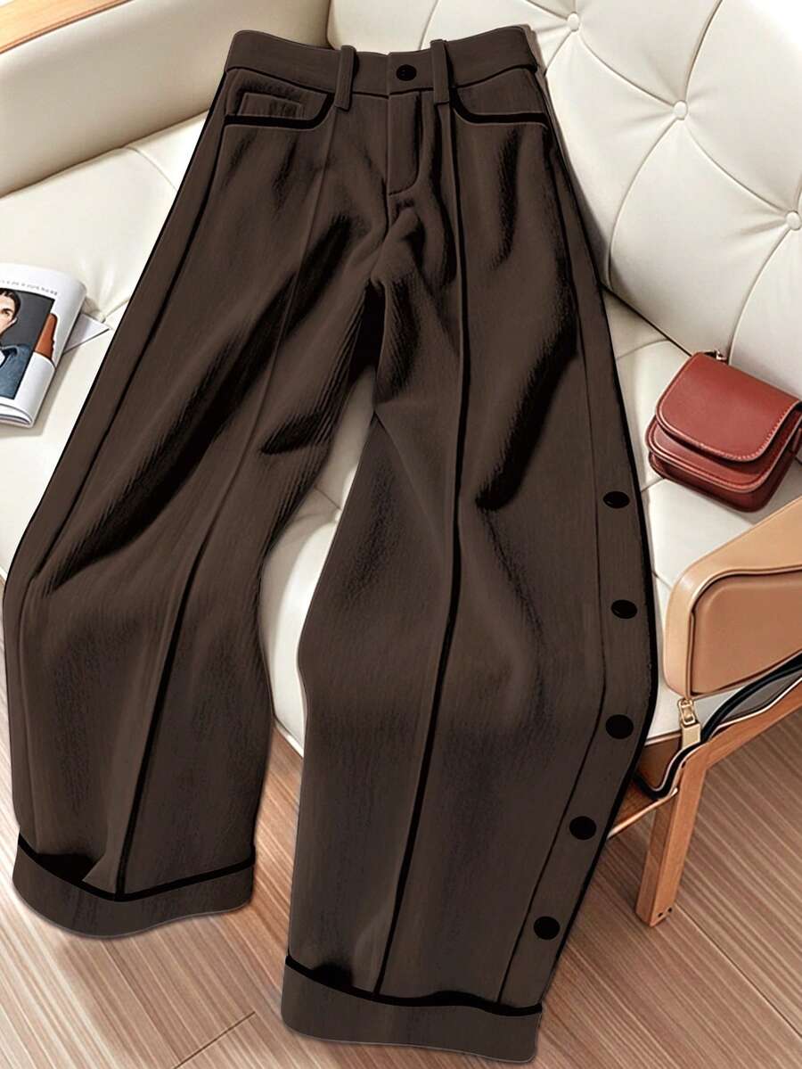 SHEIN LUNE Pantalones casuales y versátiles con ribete de contraste para el transporte - Café integral - Ver 1