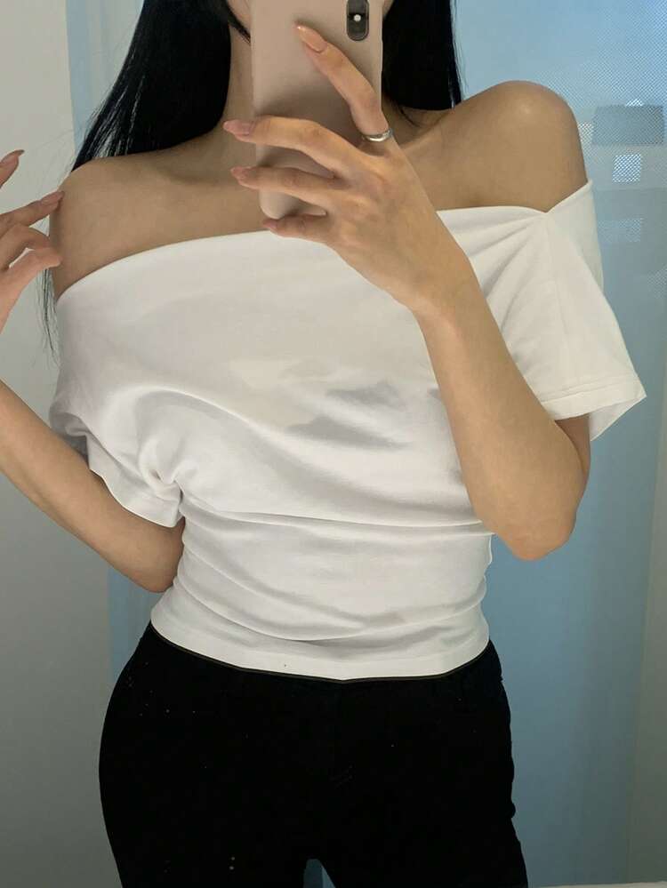 Women's Casual Off-Shoulder Ruched Fitted T-Shirt, Solid Color, Suitable For Daily Commute, Summer