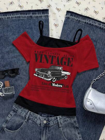 Attitoon Women's Casual Retro Contrast Color Short Sleeve T-Shirt With Vintage Car Pattern