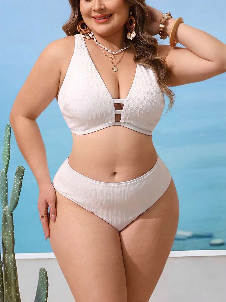 Swim Lushoire 大码女士纹理加粗肩带度假比基尼上衣 - 白色 - 查看 1
