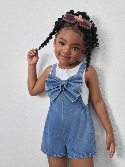 Young Girl' New Fashion Y2k Cute Boho 3D Bowknot Decor Navy Blue Denim Jumpsuit Shorts Spring Summer,For Kid Girls Spring/Summer Dailywear Outfits,Girls Streetwear Outfits,Girls Beach Outfit,Vacation Outfits For Girls,Casual Clothes For Girls,Graphic Jeans,Toddler Jumpsuit,4-Year-Old Girls Jumpsuit ,Summer Jumpsuit,Casual Jumpsuit,Bowknot Jumpsuit