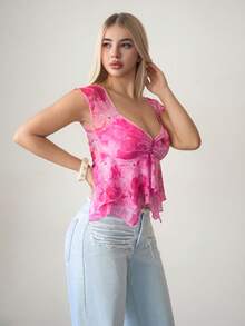 Sweetina Women's Pink Floral Print Ruffle Hem Vacation Casual Camisole Top - Red - View 4