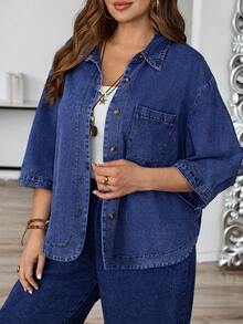 EMERY ROSE EMERY ROSE Blusa vaquera casual versátil de manga 3/4 con botones delanteros para tallas grandes - Azul lavado oscuro - Ver 7