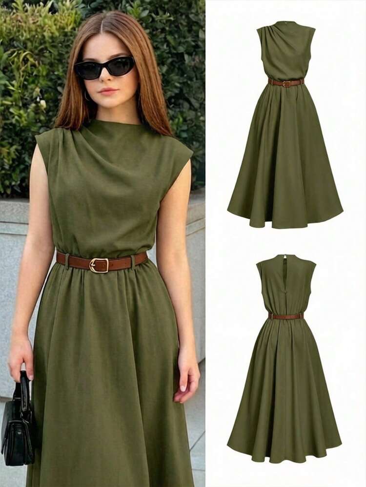 green dress with brown belt Army green dress with brown belt