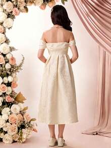 SHEIN Pitira Vestido elegante de hombros descubiertos de jacquard en color albaricoque para adolescentes - Albaricoque - Ver 8