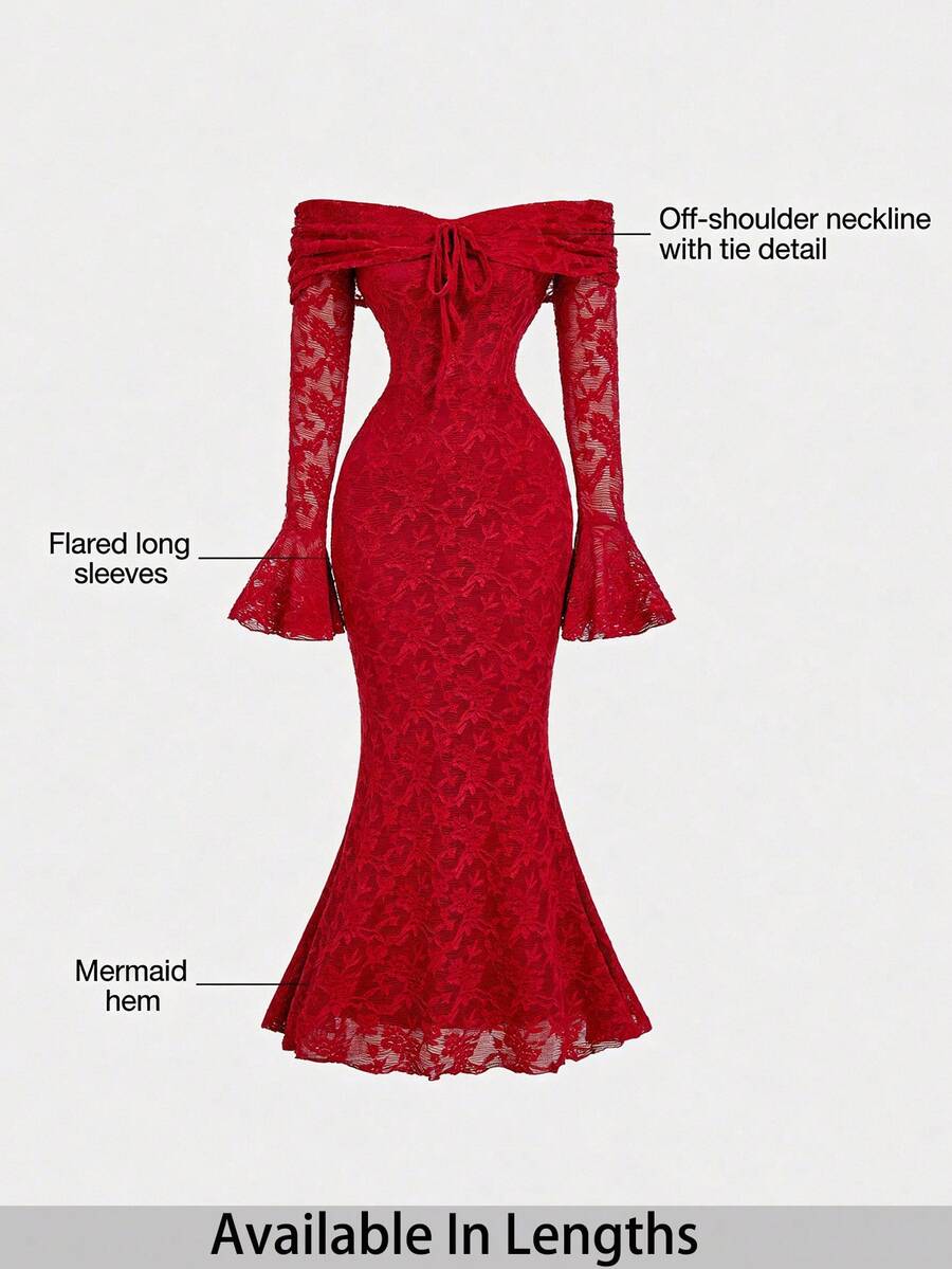 SHEIN Tall CURVE Elegantes Kleid in Große Größen für Damen mit Blumen-Spitze, Off-Shoulder, Rüschenärmeln, figurbetonter Silhouette und Meerjungfrau-Saum - Bordeaux - Übersicht 1