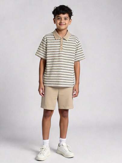 2 st/set avslappnad minimalistisk texturerad randig pikétröja och shorts för tonårspojkar, lös passform, bekväm, lämplig för höst, vår, sommar, vardagskläder, pendling, utomhus, sport, skola, streetwear, fest, fotografering