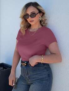Jeta Ari Solid Color Embroidered Heart Short Sleeve T-Shirt Summer,Business Casual Women - Purple - View 4