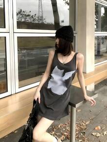 K-Vae Summer Minimalist Sexy Deep V-Neck Tie Strap Cat Print Dress - Camel - View 6