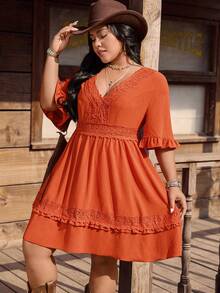 LanaWest CURVE Plus Size Women's Summer Lace Patchwork V-Neck Waist Ruffle Hem Short Dress, Suitable For Vacation, Music Festival, Western Boho Style - Orange - View 6