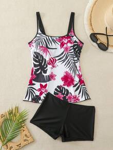 Swim Lushoire Spring/Summer New Leaf Print Round Neck Tankini Swimwear Set With Skirt Bottom, Mature & Conservative - Multicolor - View 6