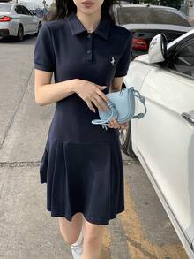 DAZY 女士刺绣半开襟纽扣休闲短袖迷你连衣裙 - 藏蓝色 - 查看 7