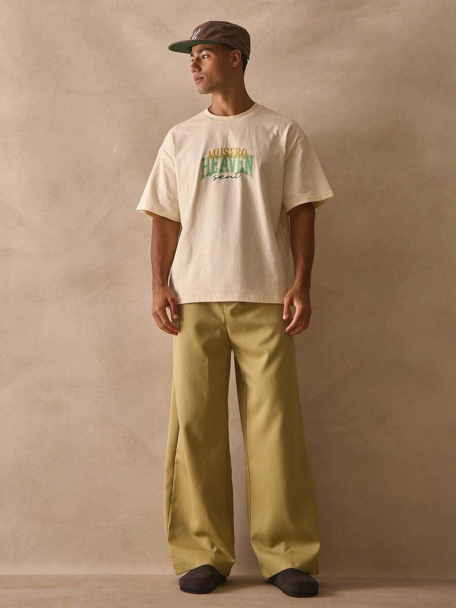 Musero Crew Neck Oversized Short Sleeve Drop Shoulder Top "HEAVEN Sent" Graphic Slogan Print Tshirt Spring Summer Essentials - Apricot - View 1