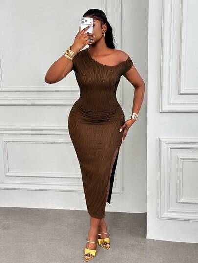 Xyvia Women's Spring/Summer Coffee Color Knitted Textured Wavy Pattern Asymmetric Shoulder Cinched Waist Flared Hem High Slit Sexy Fashion Dress