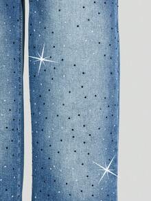 SHEIN ChillGRL 少女Y2K风格牛仔裤，浅蓝色水洗，饰有水钻，时尚阔腿版型，百搭休闲，多种搭配选择，精致单品，适合所有季节的女孩牛仔裤 - 中等水洗藍 - 查看 7