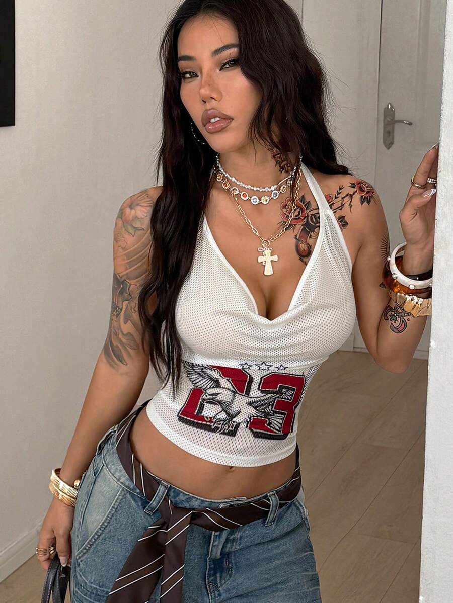 Coolane Damen Sommer Konzert Y2K Streetwear Sport Lässig atmungsaktives Mesh Grafik Nummer Muster weißes Swing Kragen Slim Fit rückenfrei Crop Tops - Weiss - Übersicht 1