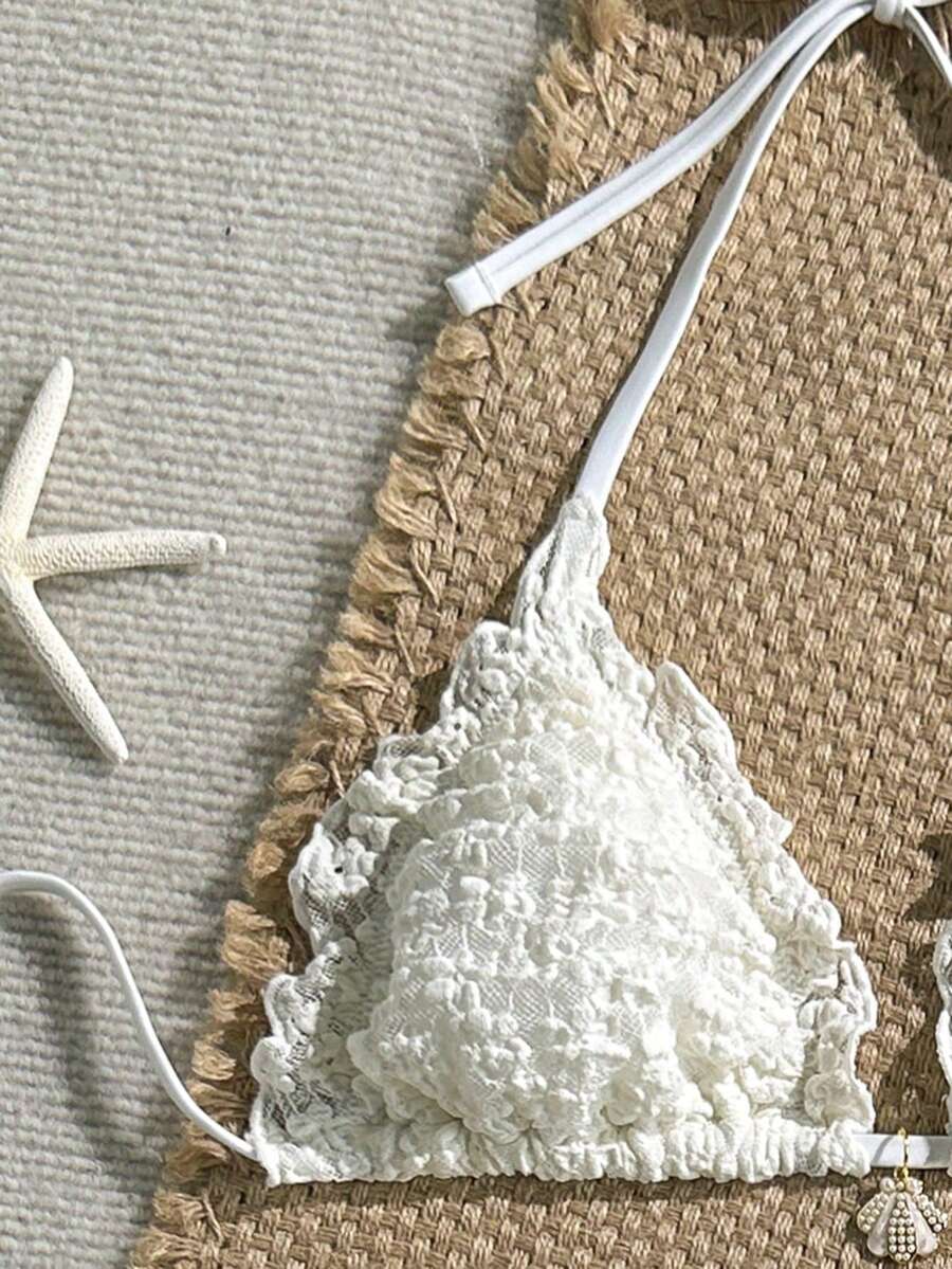 Swim Mod Solid Flower Textured Fabric Faux Pearl Sheen Scallop Trim Halter Triangle Bikini Top, Sexy Swimwear For Spring/Summer Beach Vacation - Beige - View 1