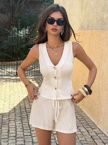 Pariaura Conjunto de dos piezas casual y elegante de mujer con chaleco sin mangas de punto waffle blanco con cuello en V y botones y pantalones cortos con cordón, adecuado para uso diario, atuendo de oficina, vacaciones relajantes, citas románticas, días escolares, vacaciones en la playa. Conjunto de dos piezas de lino, conjunto de dos piezas casual, conjunto de dos piezas de verano para mujer, conjuntos de vacaciones para mujer, conjuntos de 2 piezas para mujer, atuendos de verano de 2 piezas para mujer - Albaricoque - Ver 8