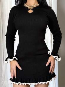 Vassilux 女士波浪下摆针织连衣裙，秋冬新品 - 黑色 - 查看 4