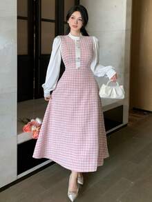 DAZY 春夏粉色格子两件套衬衫裙，优雅百搭，适合情人节、婚礼、派对、时尚活动等场合，修身剪裁，中长款 - 粉色 - 查看 2