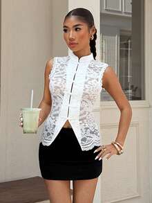 Muchica White Lace Bodysuit Sleeveless Shirt For Women - White - View 3