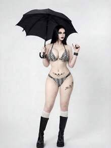 ROMWE Goth Women's Spring/Summer New Black & White Geometric V-Neck Halter Backless Triangle Top & Bottoms Bikini Swimwear 2-Piece Set - Multicolor - View 5