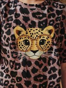 Anewsta 女孩可爱眼镜豹纹印花休闲街头风酷女孩T恤，夏季 - 灰色 - 查看 5