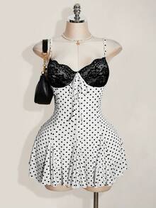 SHEIN ICON 大码女式波点撞色蕾丝连衣裙 - 黑與白 - 查看 10