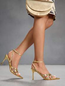 CUCCOO SZL Zapatos de mujer de tacón alto con puntera transparente de cristal, hebilla de strass y lazo, ideales para fiesta, trabajo y uso diario - Dorado - Ver 8