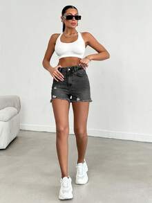 EURMUSE 100%Cotton Mini Heavy Destroy Short With Back Label Detail - Dark Grey - View 4