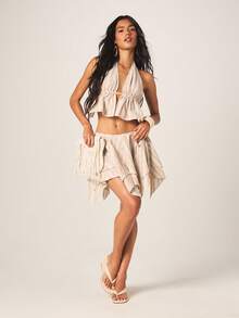 MISSGUIDED Beige Striped Halter Neck Crop Top With Asymmetric Ruffle Skirt Two Piece Summer Outfit Set - Khaki - View 3