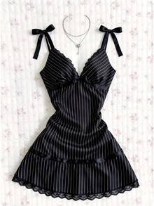 Elamini Women's Striped Print Knotted Lace Patchwork Camisole Gothic Summer  Black Dress - Black - View 1