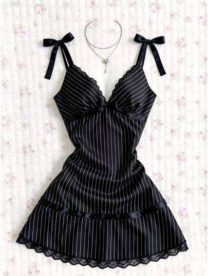 Elamini Women's Striped Print Knotted Lace Patchwork Camisole Dress