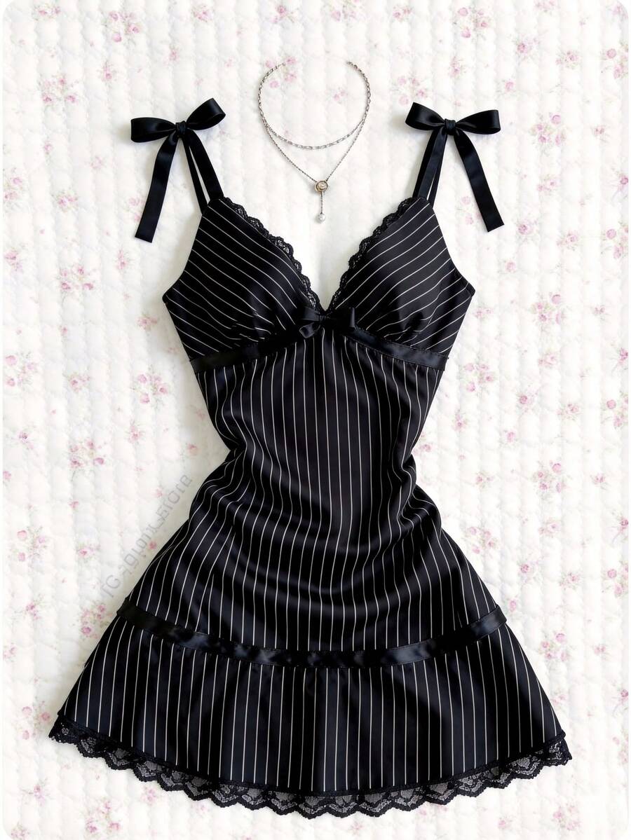 Elamini Women's Striped Print Knotted Lace Patchwork Camisole Gothic Summer  Black Dress - Black - View 1