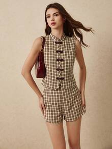 Poéselle Women's Plaid Buttoned Vest And Shorts 2 Pieces Set - Brown - View 3